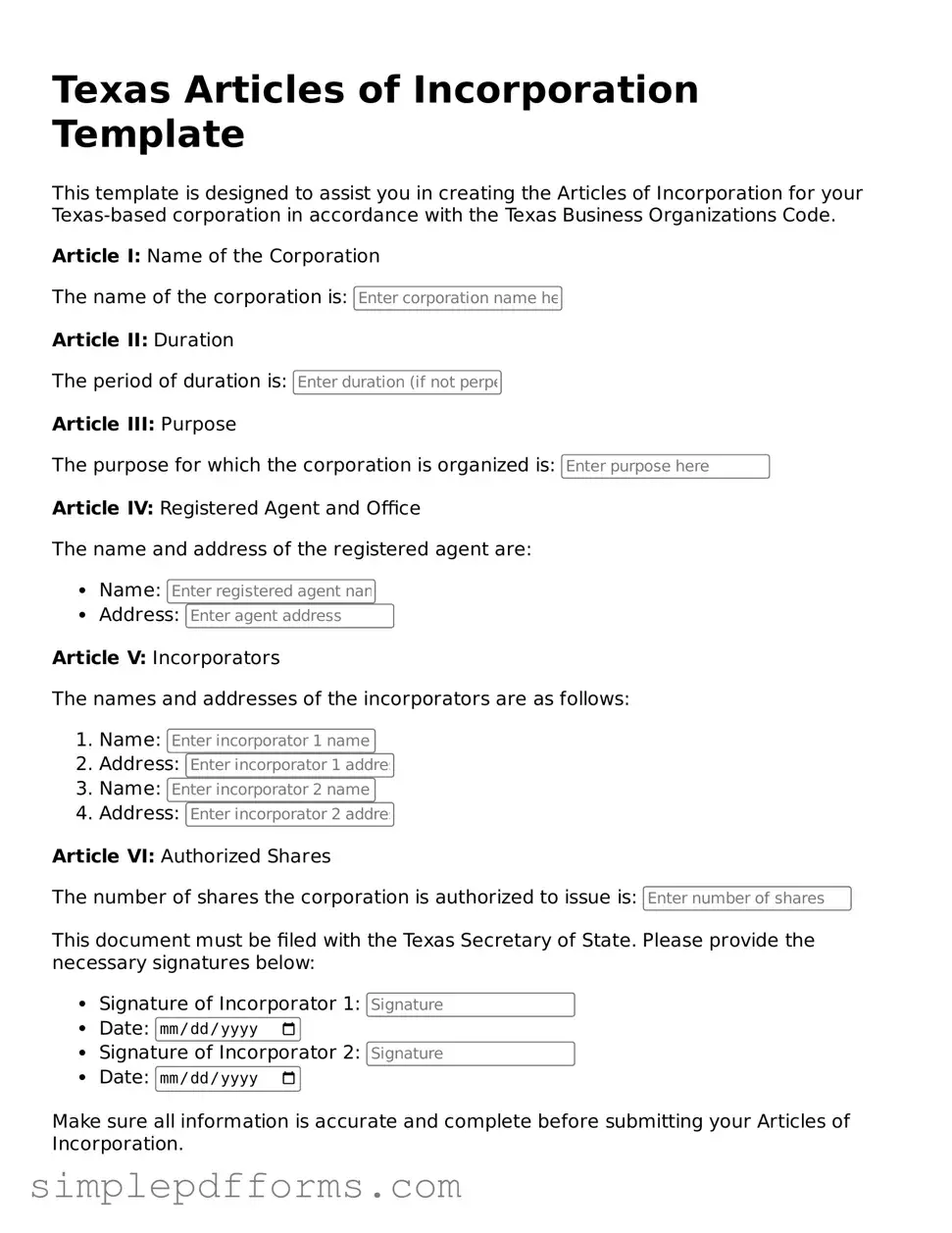Attorney-Verified Articles of Incorporation Document for Texas State