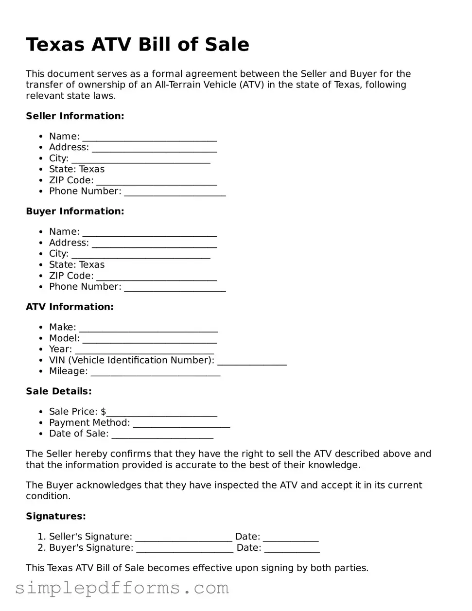 Attorney-Verified ATV Bill of Sale Document for Texas State