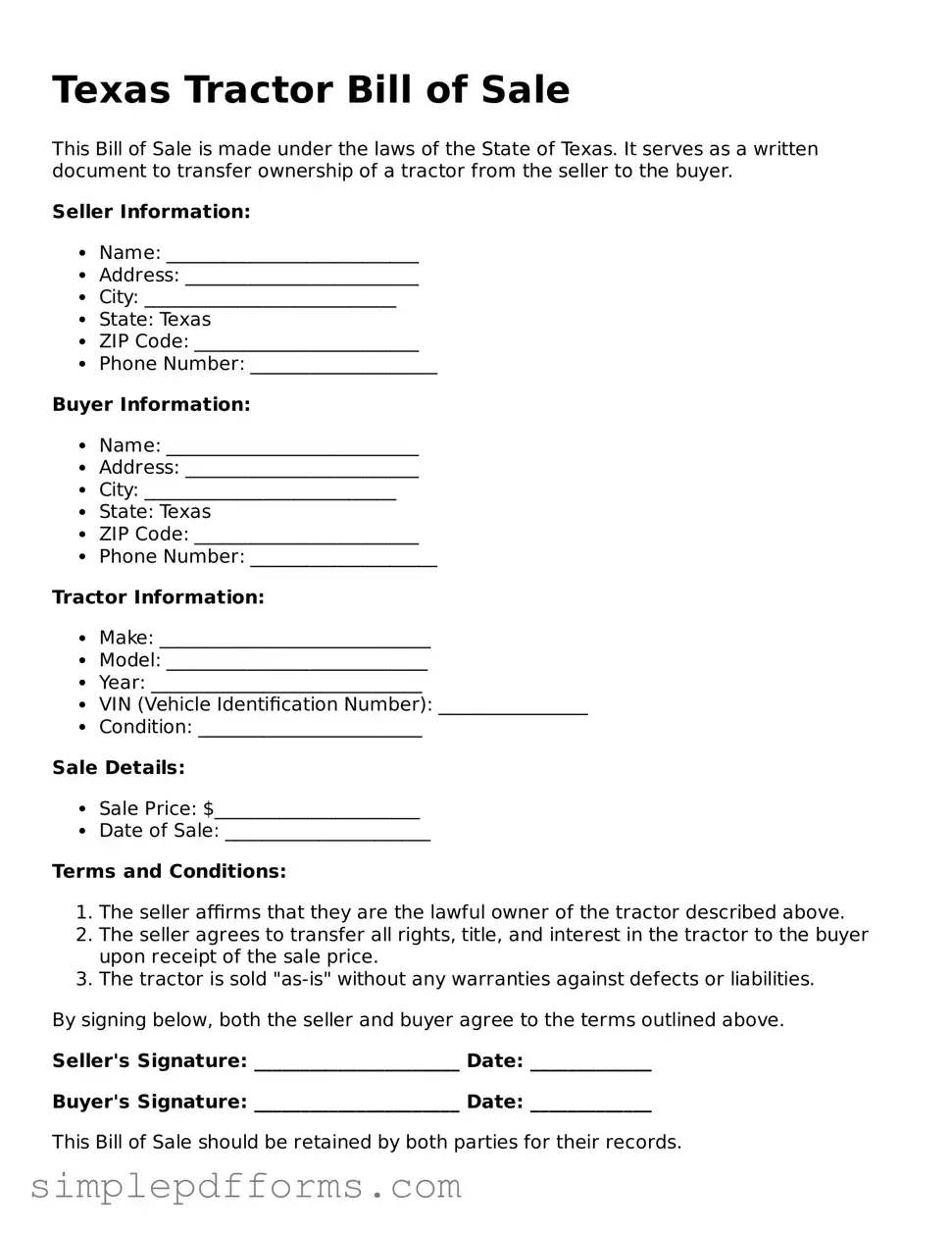 Attorney-Verified Tractor Bill of Sale Document for Texas State
