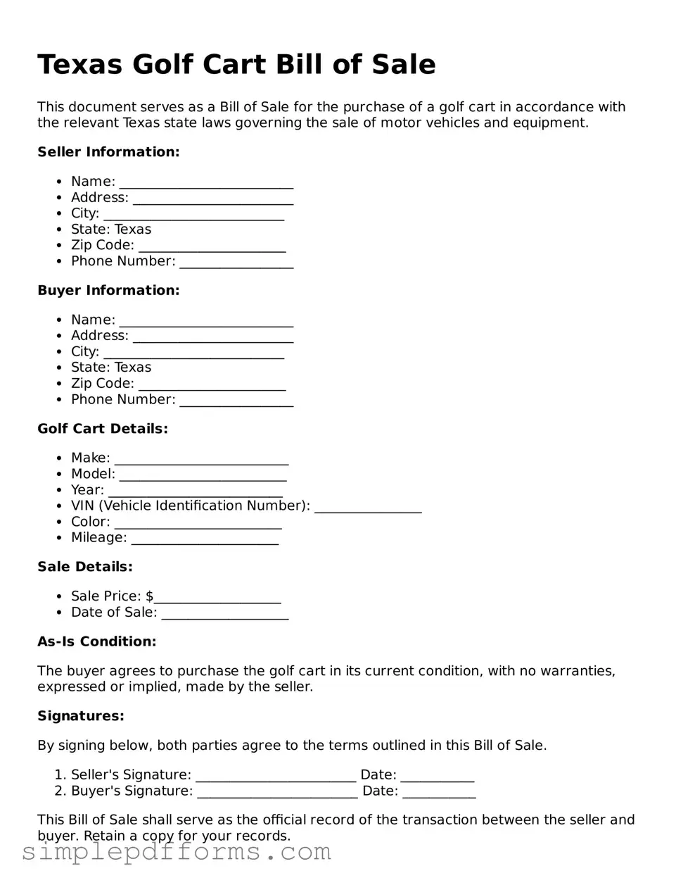 Attorney-Verified Golf Cart Bill of Sale Document for Texas State