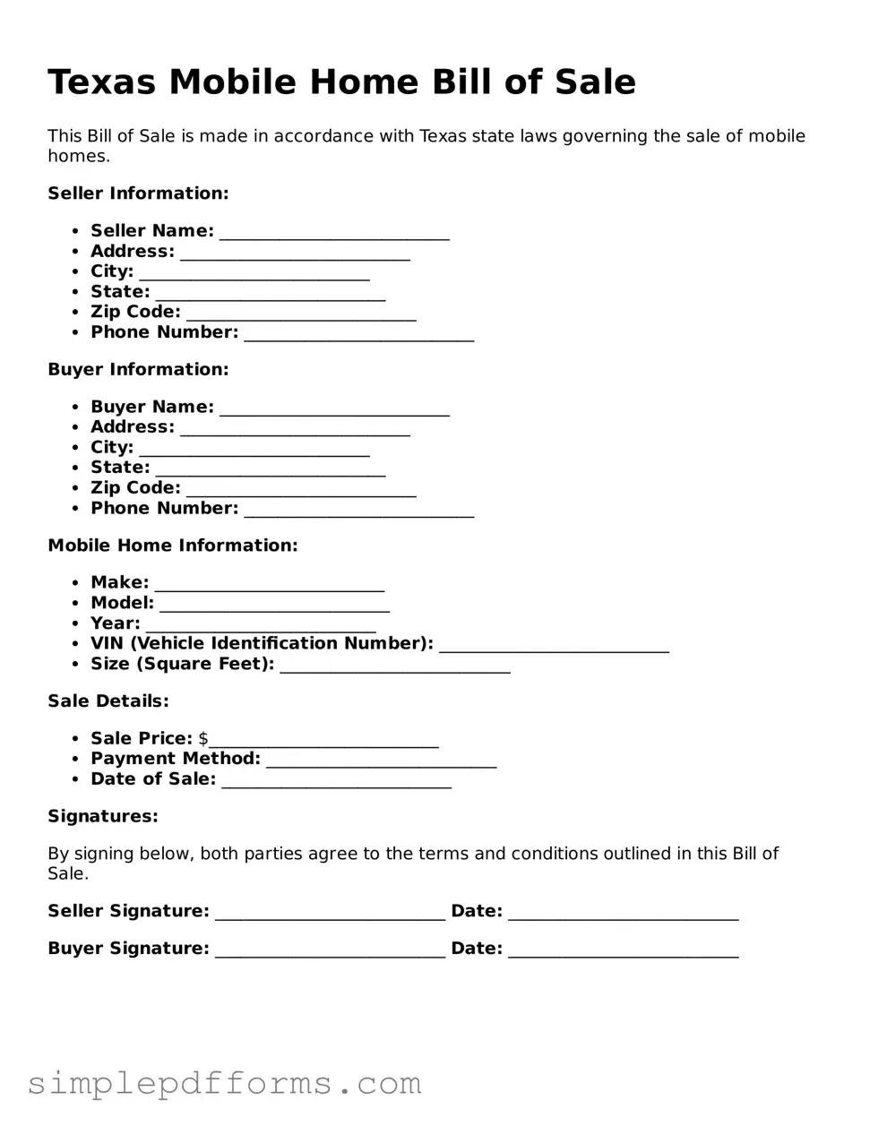 Attorney-Verified Mobile Home Bill of Sale Document for Texas State