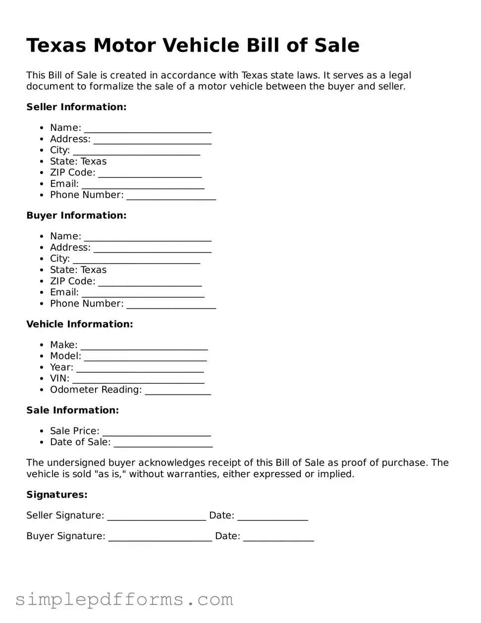 Attorney-Verified Motor Vehicle Bill of Sale Document for Texas State