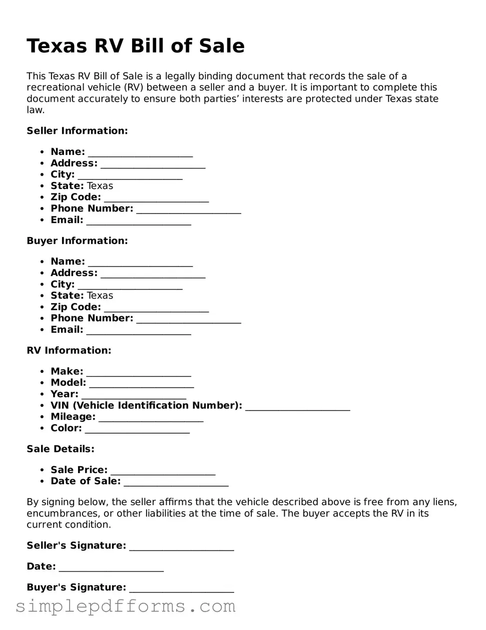 Attorney-Verified RV Bill of Sale Document for Texas State