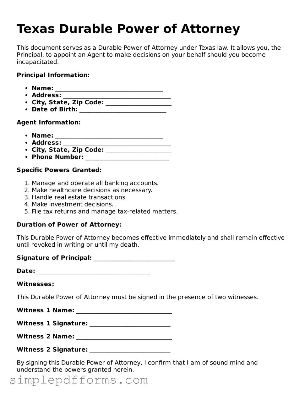 Attorney-Verified Durable Power of Attorney Document for Texas State