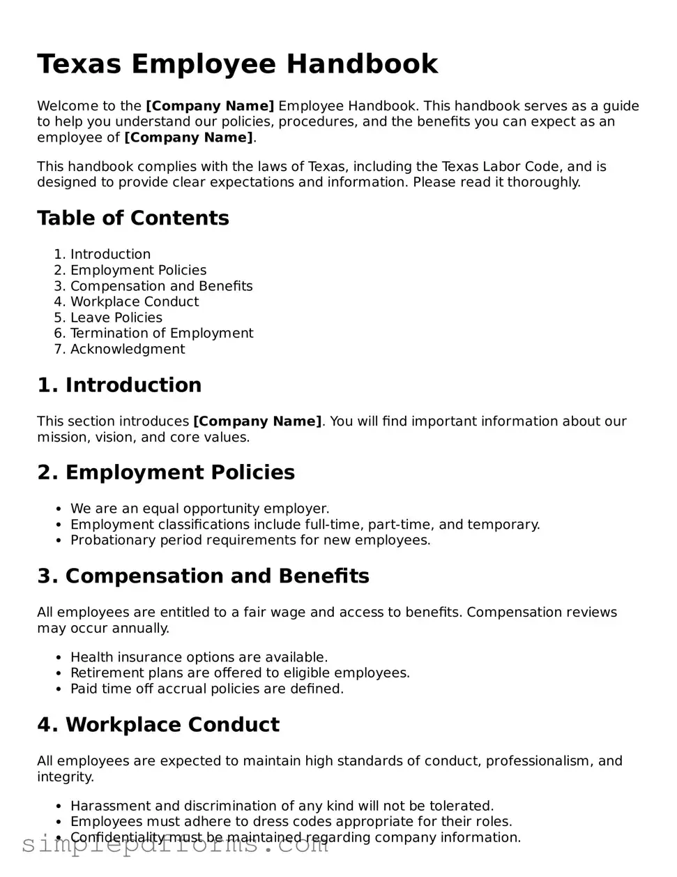 Attorney-Verified Employee Handbook Document for Texas State