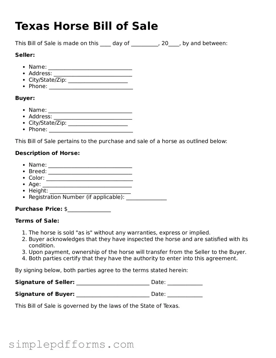 Attorney-Verified Horse Bill of Sale Document for Texas State