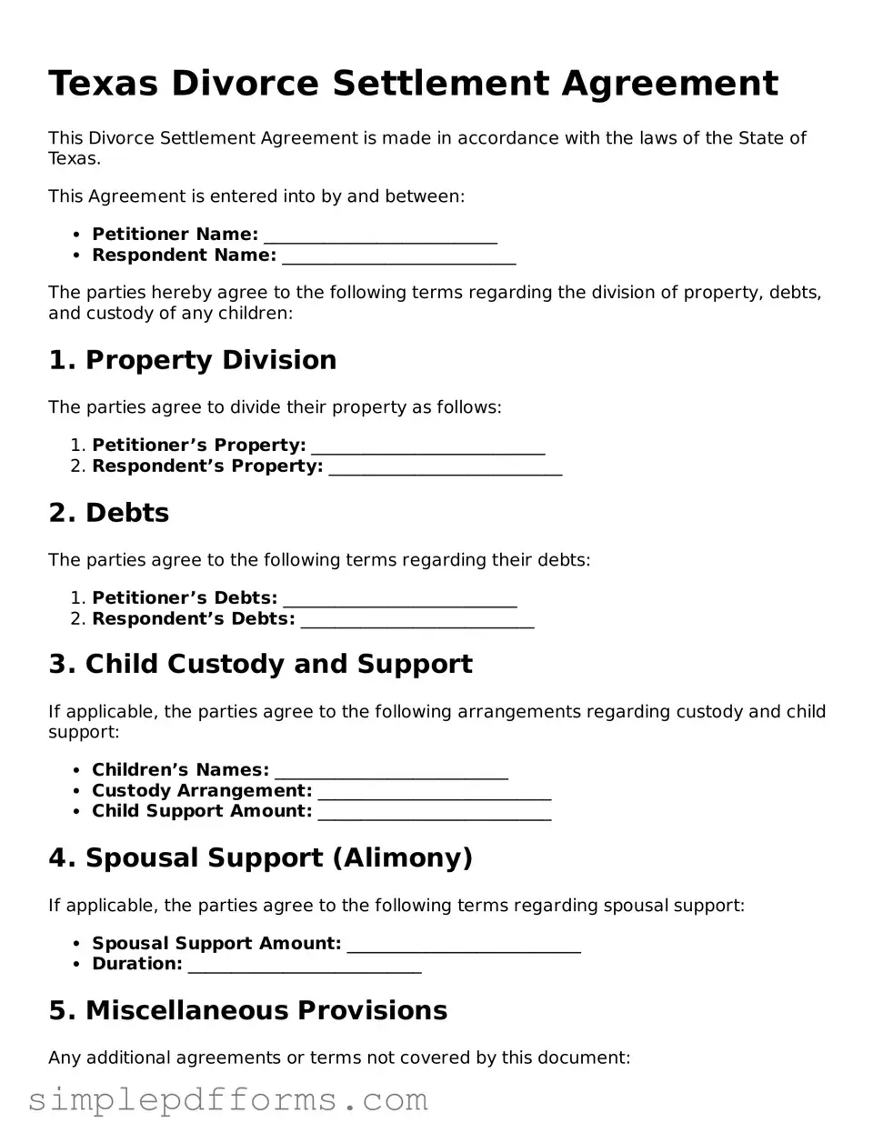 Attorney-Verified Divorce Settlement Agreement Document for Texas State