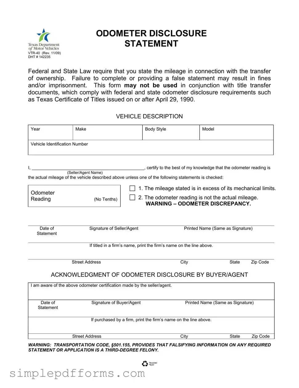 Fill a Valid Texas Odometer Statement Form