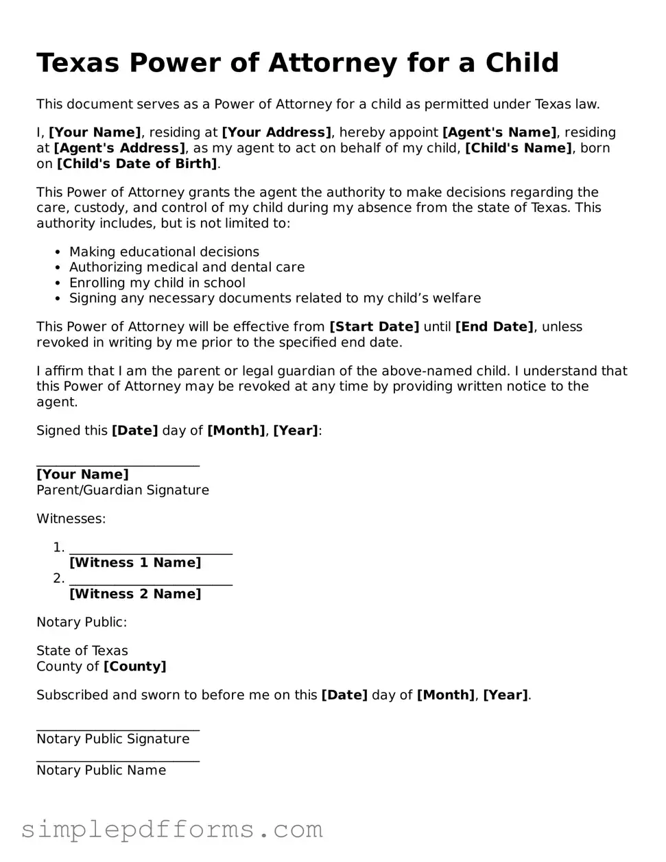 Attorney-Verified Power of Attorney for a Child Document for Texas State