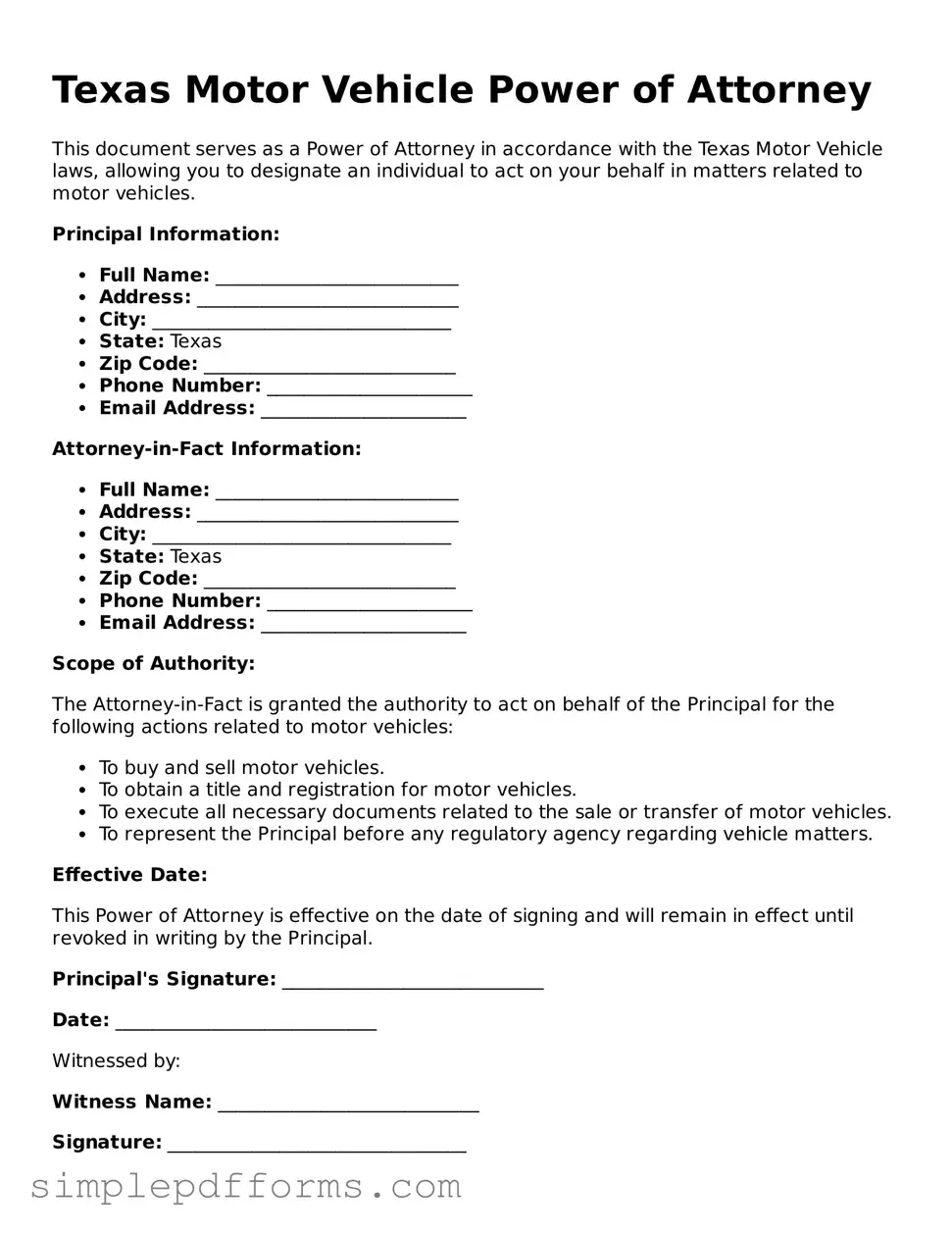 Attorney-Verified Motor Vehicle Power of Attorney Document for Texas State