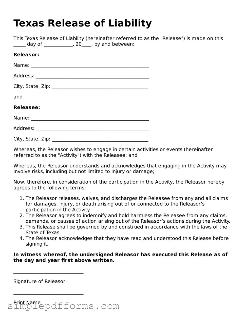 Attorney-Verified Release of Liability Document for Texas State