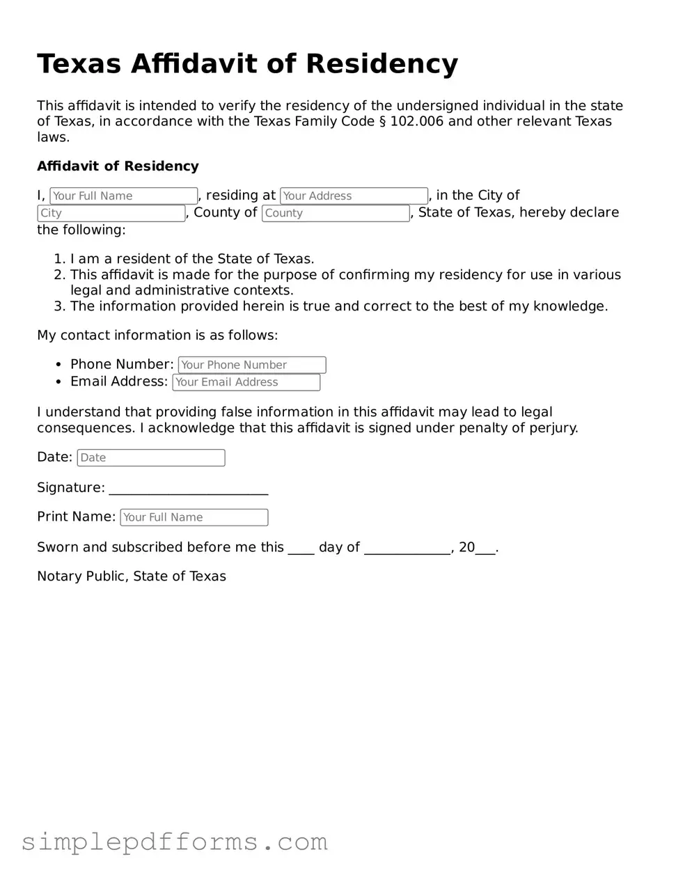 Attorney-Verified Affidavit of Residency Document for Texas State
