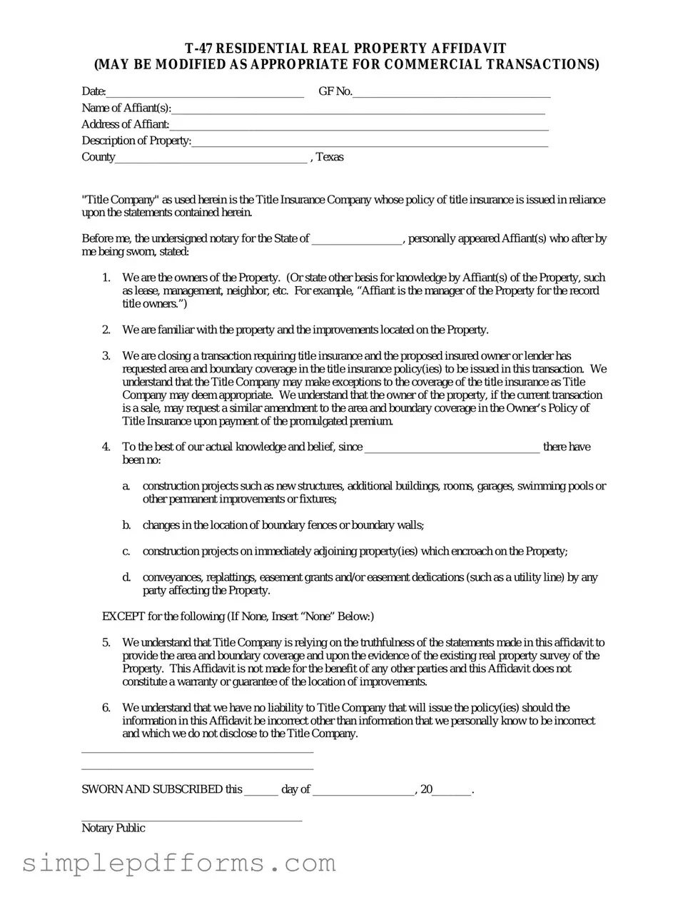 Fill a Valid Texas residential property affidavit T-47 Form