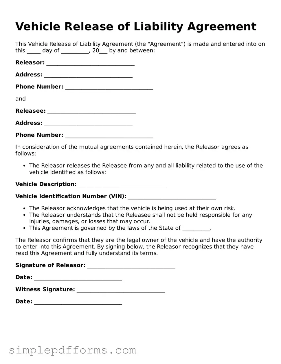 Free Vehicle Release of Liability Form