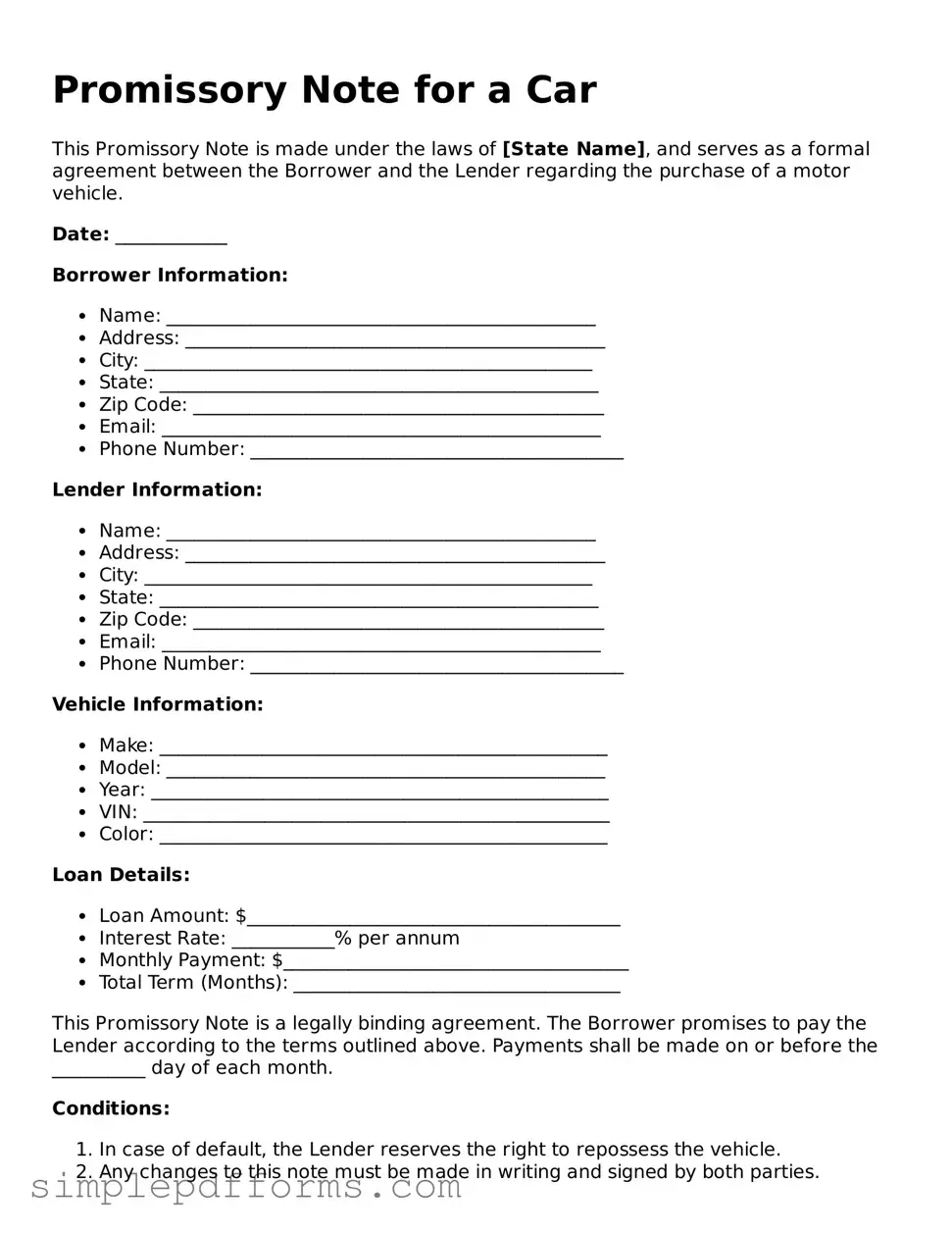 Free Promissory Note for a Car Form