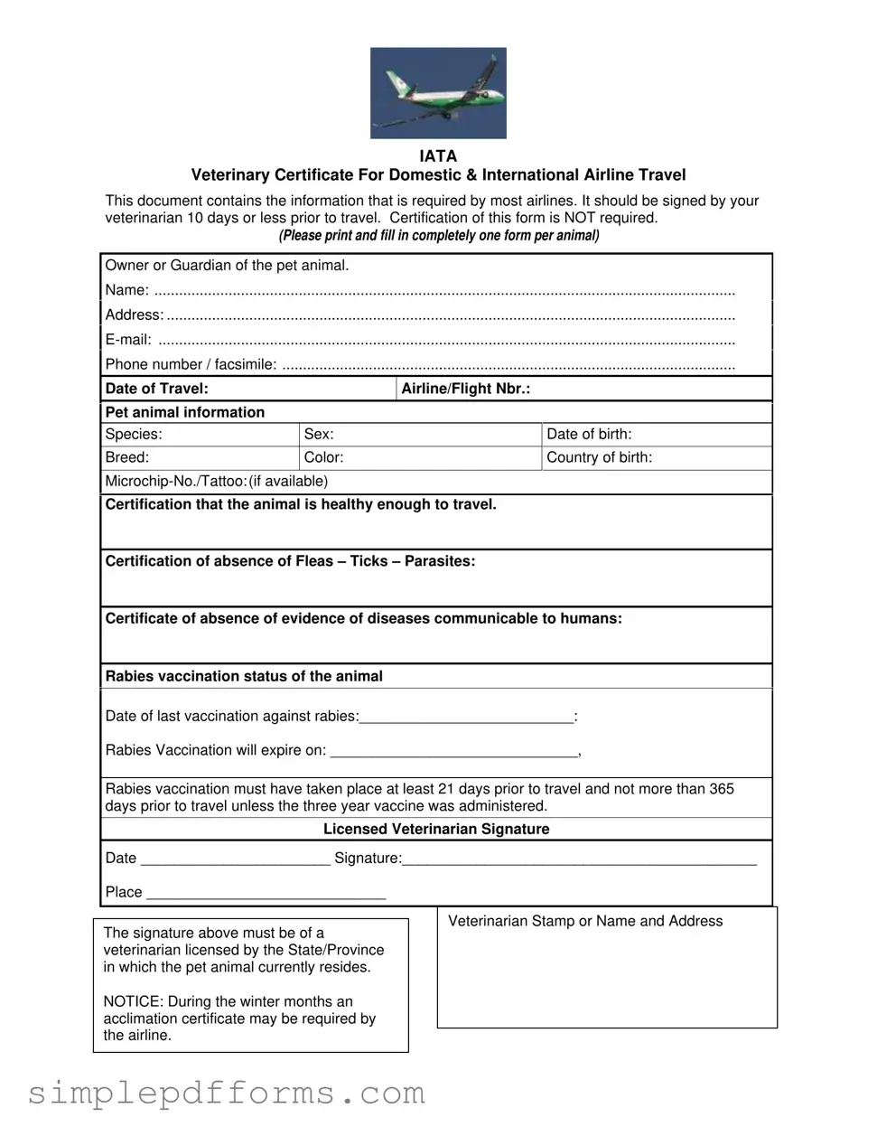 Fill a Valid Veterinary Certificate Travel Form